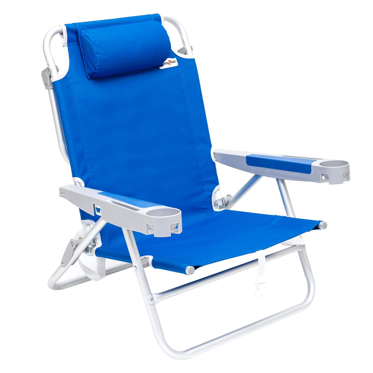SunnyFeel Extra Wide 28-inch Low Beach Chair front view shows roomy seating for quick, relaxed setup.