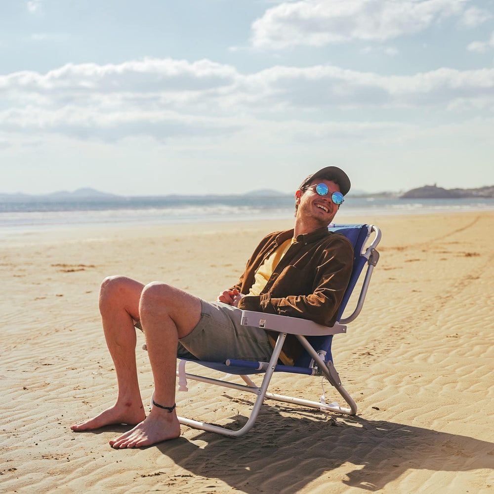 SunnyFeel Extra Wide 28-inch Low Beach Chair recline angle demonstrates comfort options and extended beach relaxation.