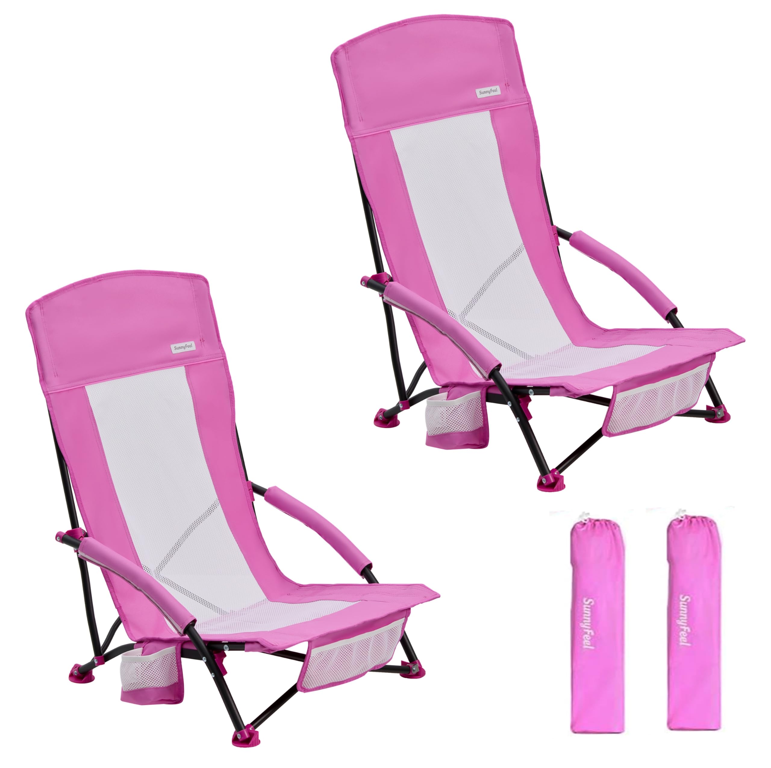 SunnyFeel folding beach chair high back pink for beach comfort