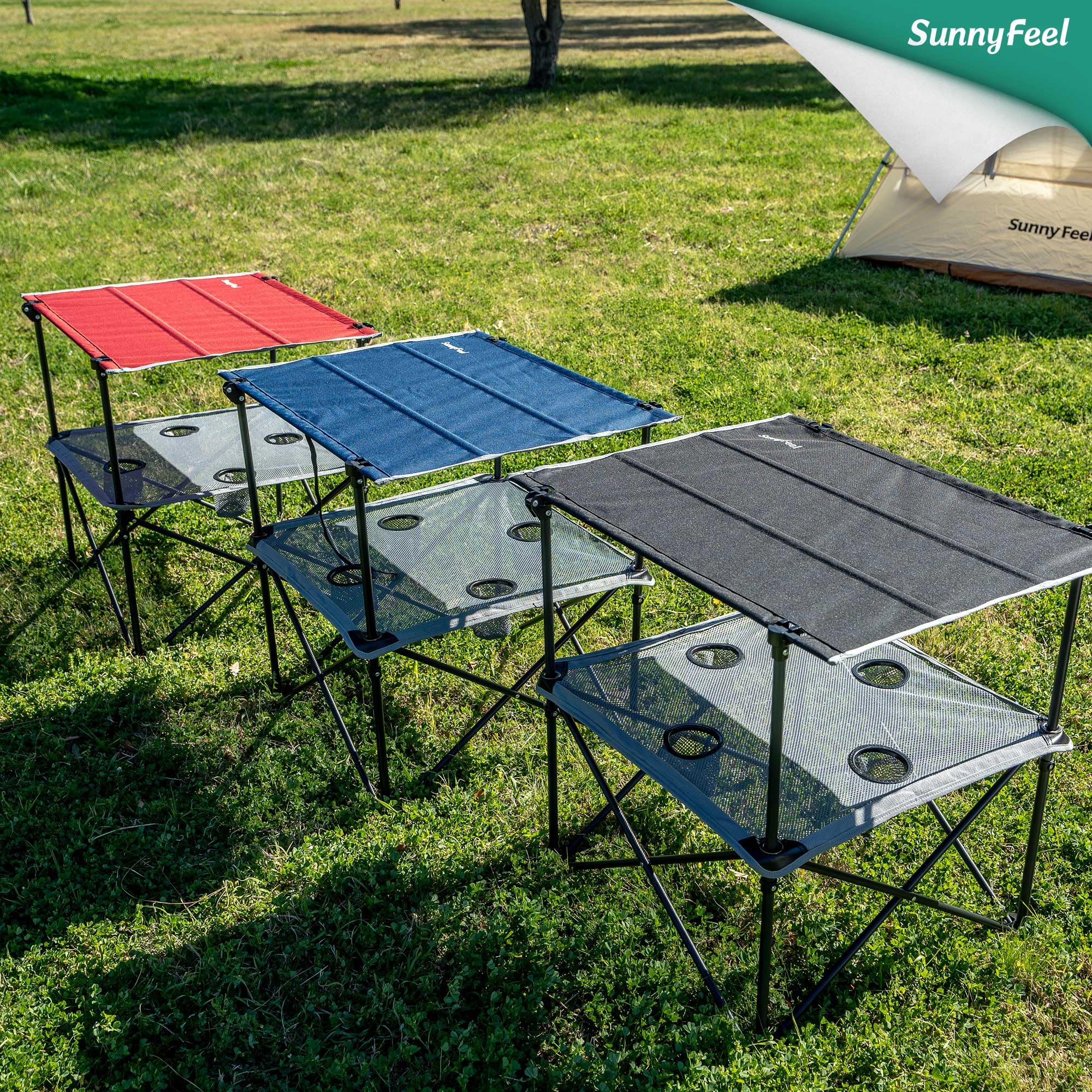 Sunnyfeel folding camping table anti-slip feet stabilize on uneven ground.