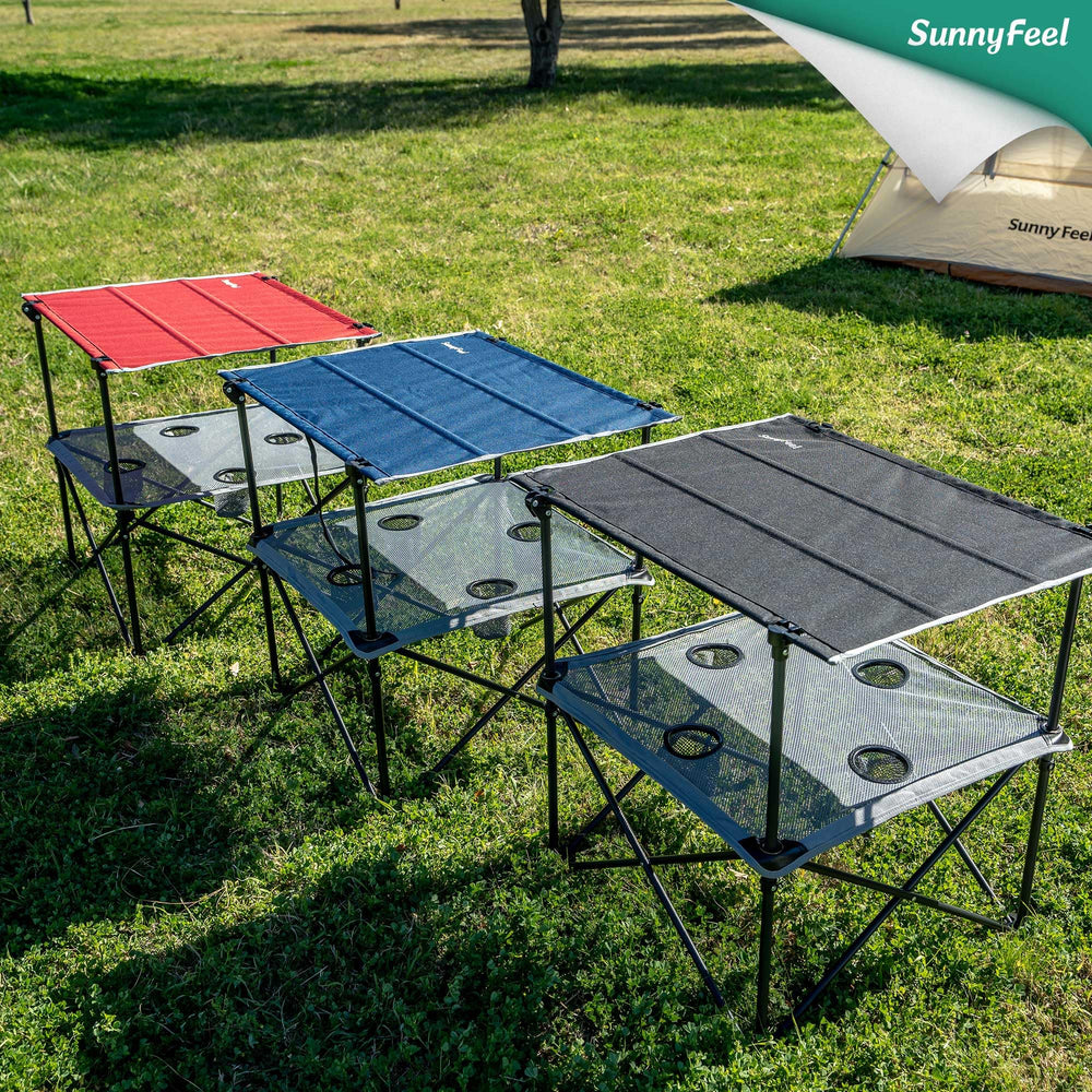 Sunnyfeel folding camping table anti-slip feet stabilize on uneven ground.