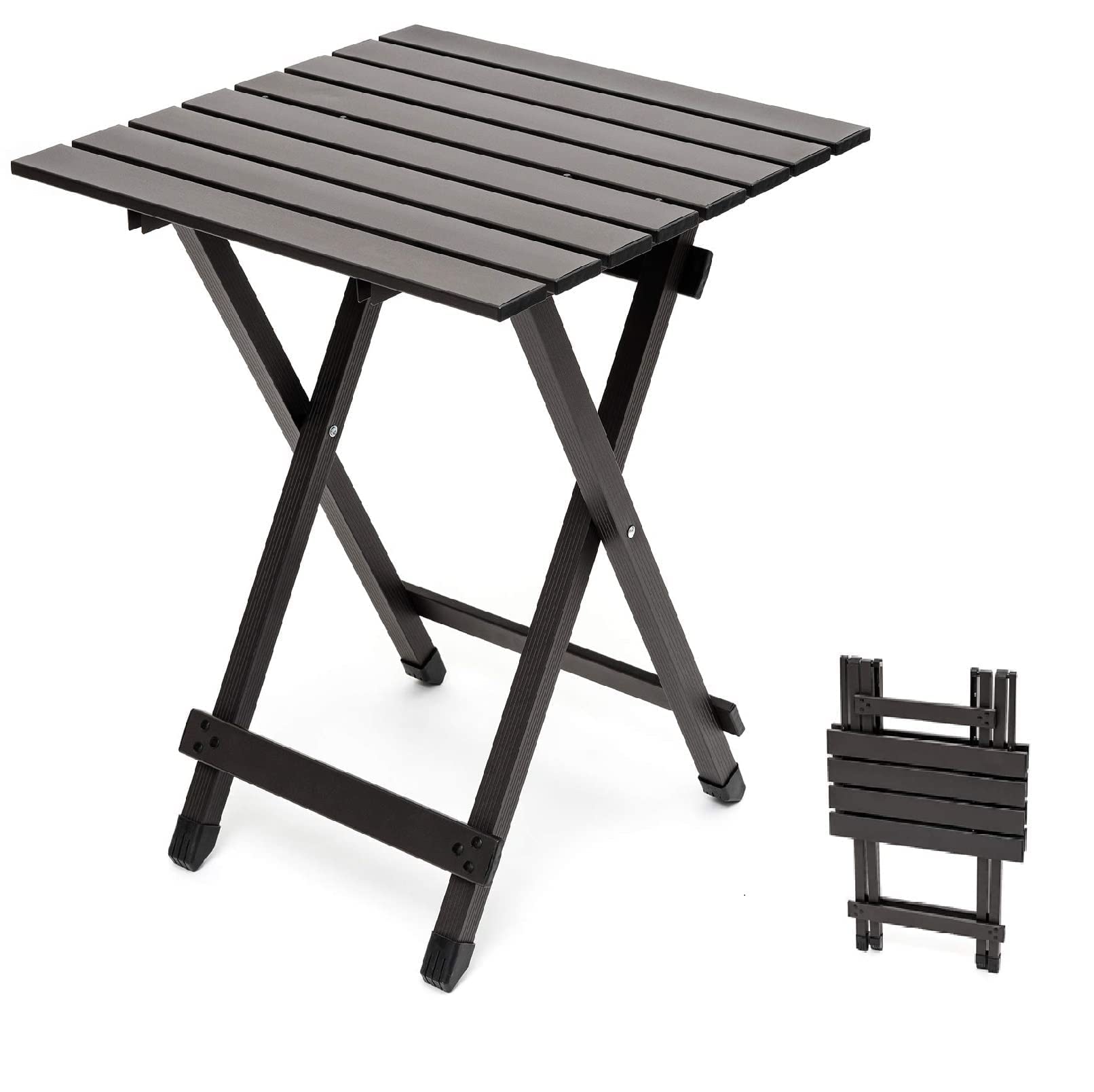 Sunnyfeel folding camping table closed, ultra-portable and easy to stash for travel.