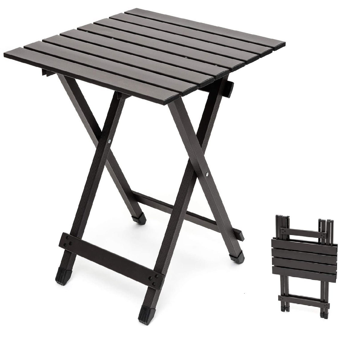 Sunnyfeel folding camping table closed, ultra-portable and easy to stash for travel.