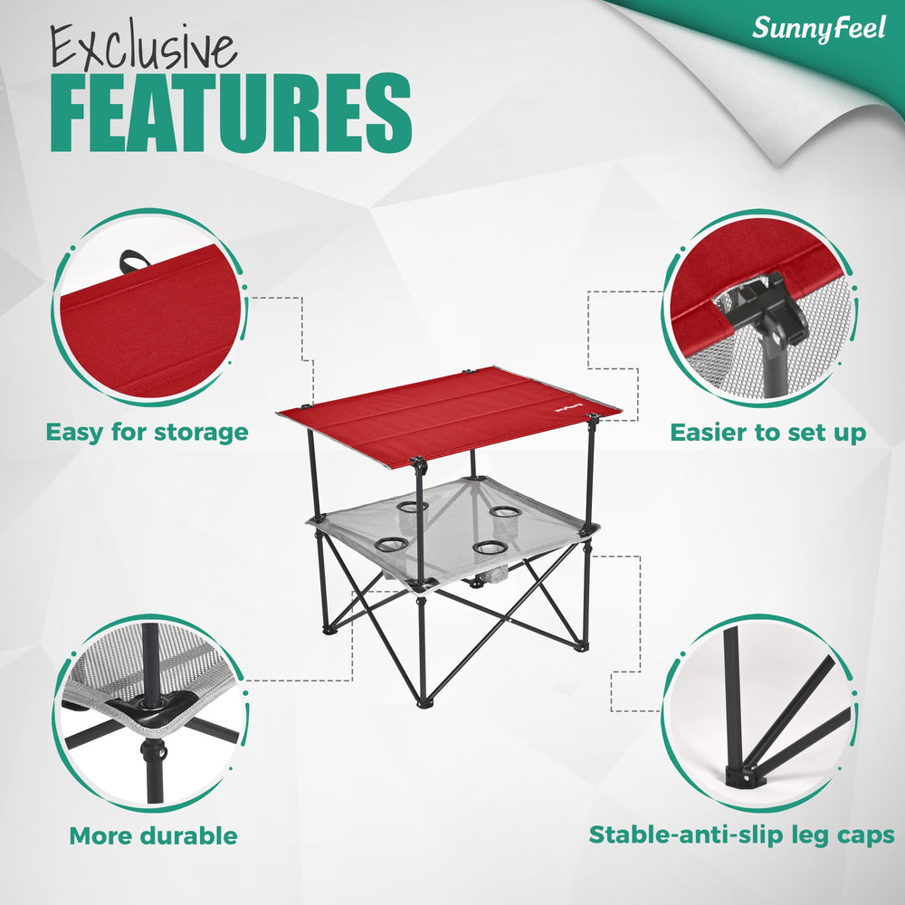 Sunnyfeel folding camping table folds compactly for storage in vehicles.