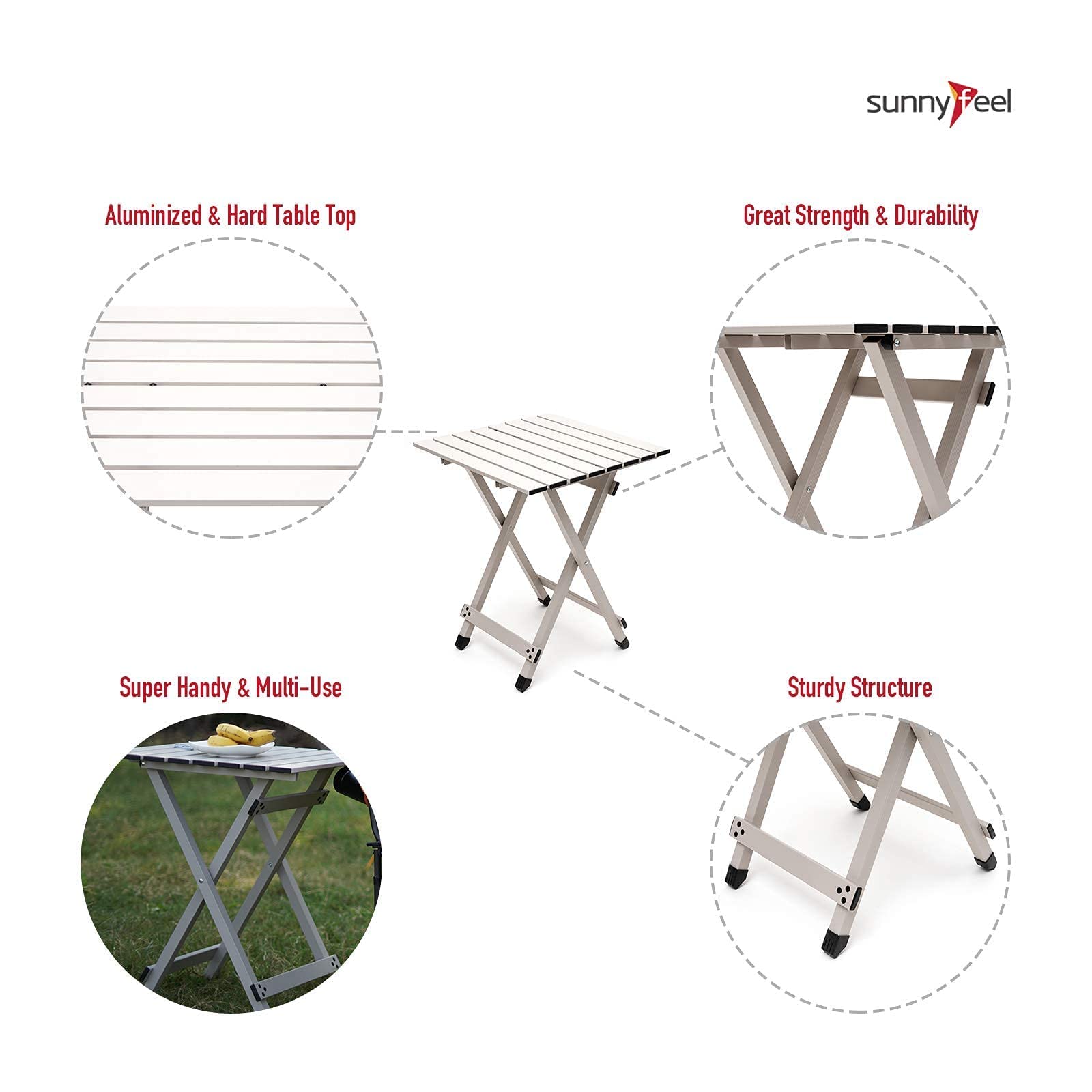 Sunnyfeel folding camping table highlighting waterproof durability and cleanup ease