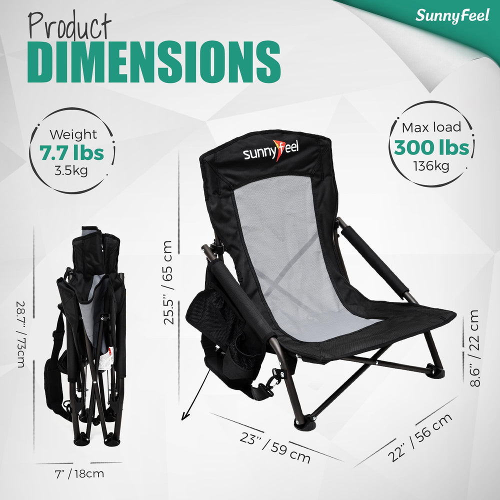 SunnyFeel folding low camping chair mesh back highlighting breathable comfort