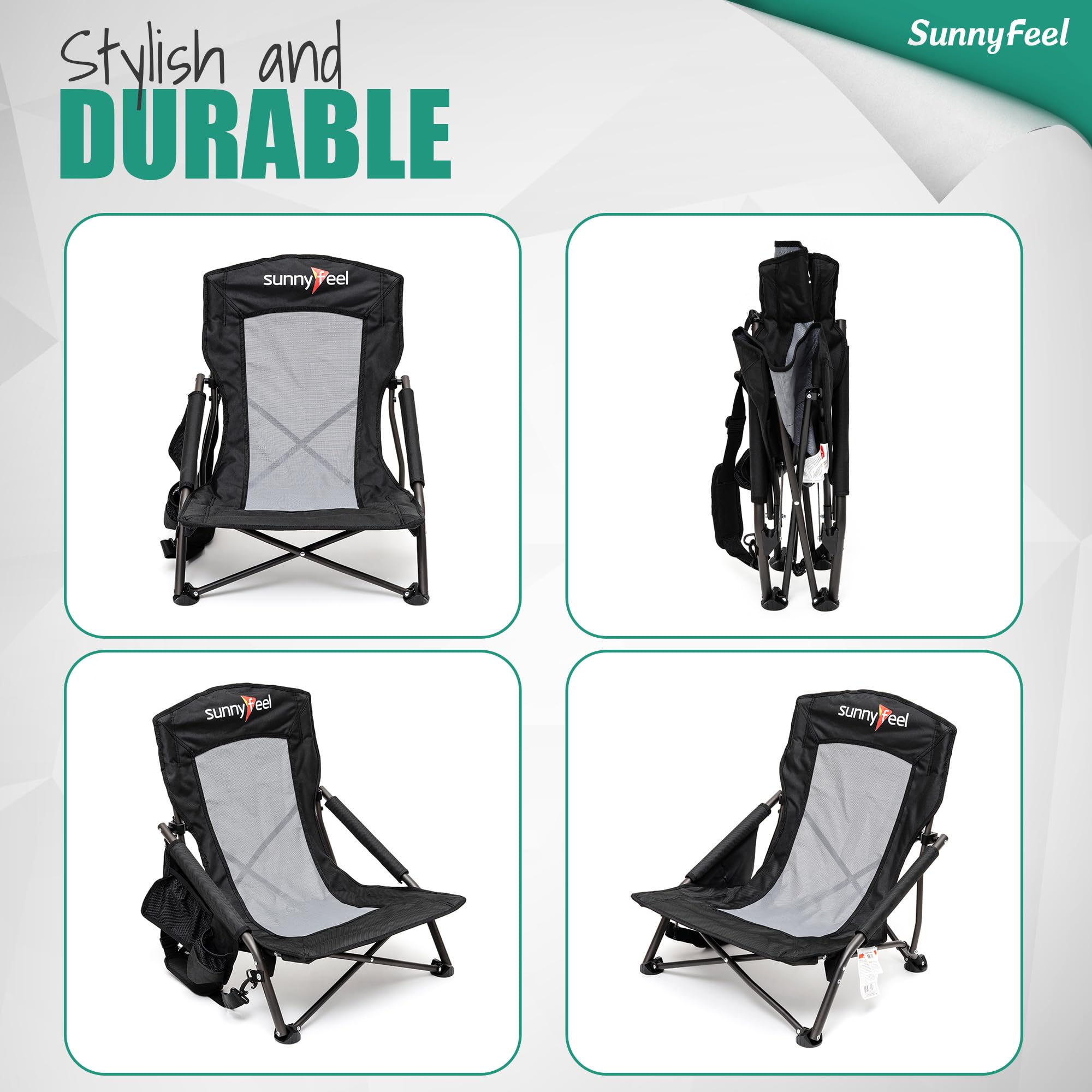 SunnyFeel folding chair with carry bag showing compact storage for travel