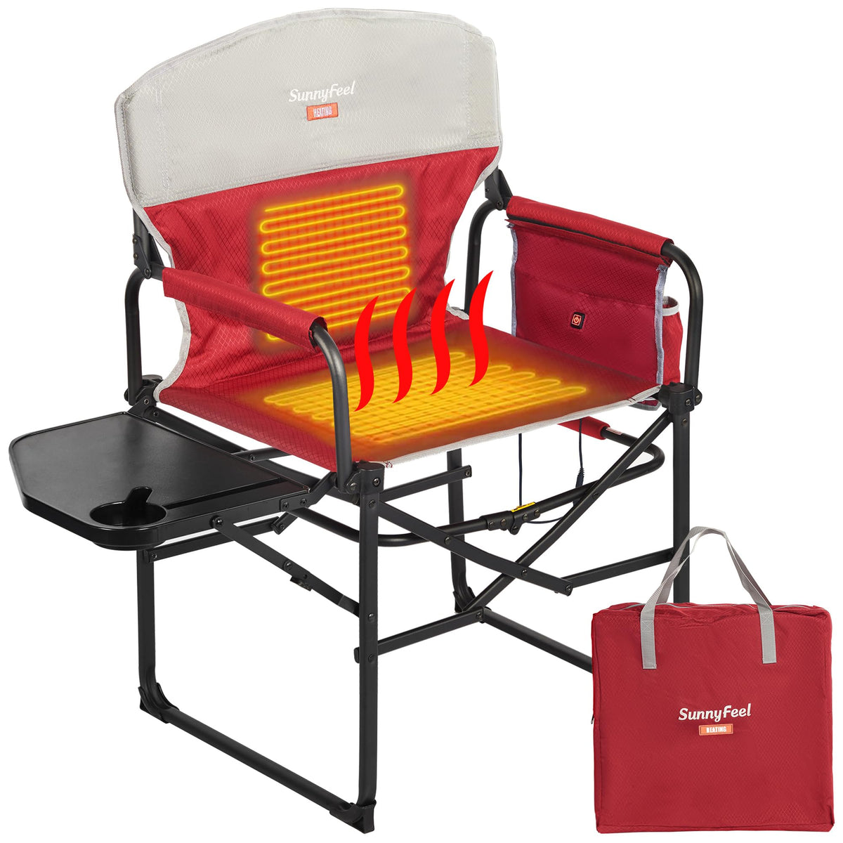 SunnyFeel heated camping chair side table shows convenient storage during outdoor adventures.