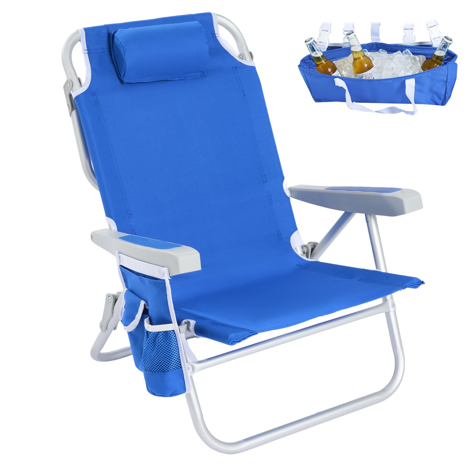 SunnyFeel Low Beach Chair blue demonstrates 5-position recline for all-day beach comfort