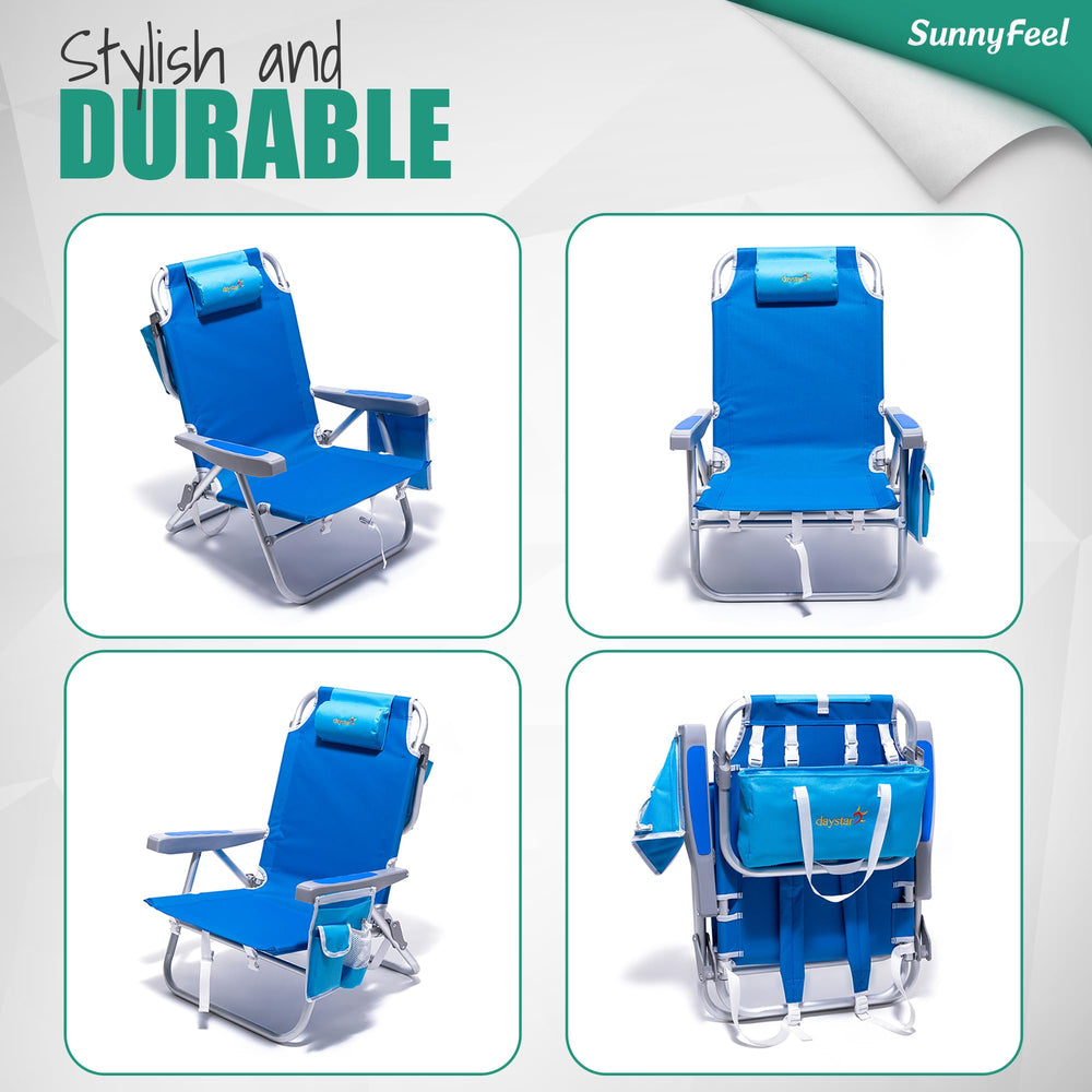 SunnyFeel Low Beach Chair blue in outdoor setting suitable for beach, camping, and picnics