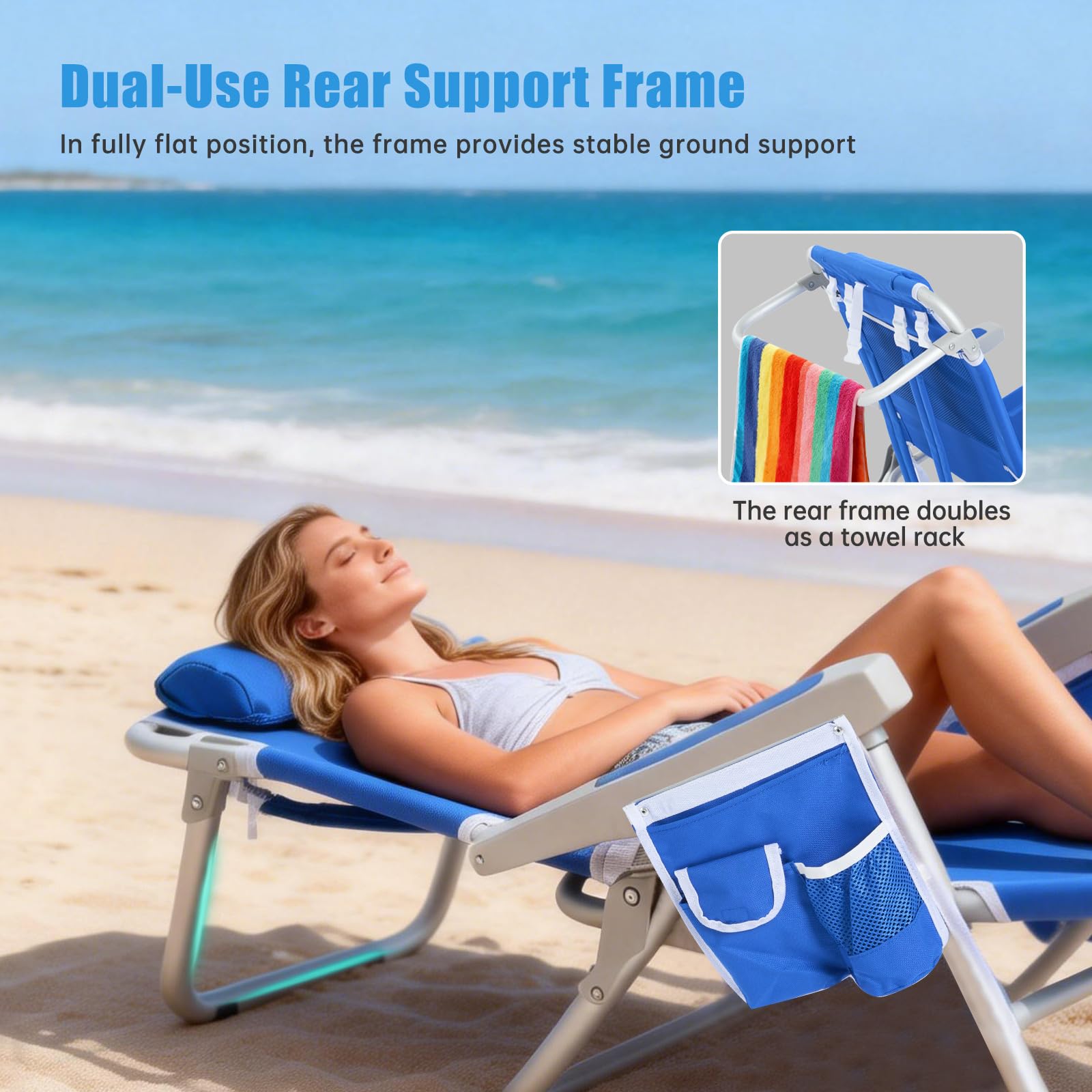 SunnyFeel Low Beach Chair blue in outdoor setting suitable for beach, camping, and picnics