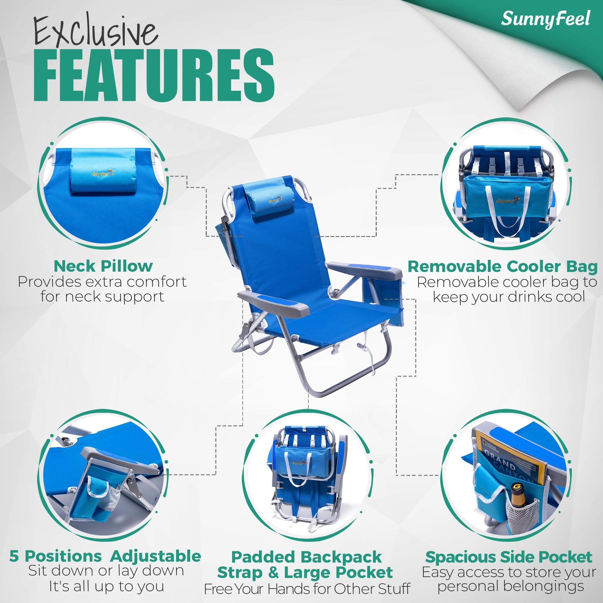 SunnyFeel Low Beach Chair breathable Oxford cloth and mesh blue stays cooler outdoors