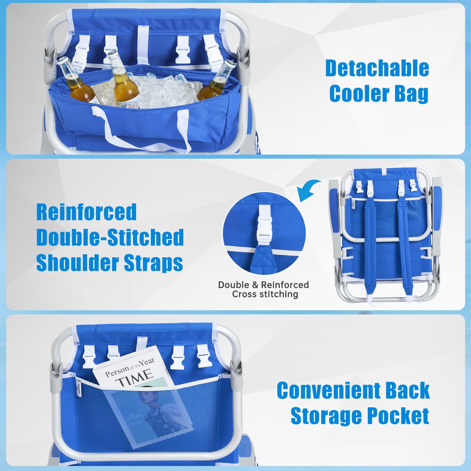 SunnyFeel Low Beach Chair breathable Oxford cloth and mesh blue stays cooler outdoors