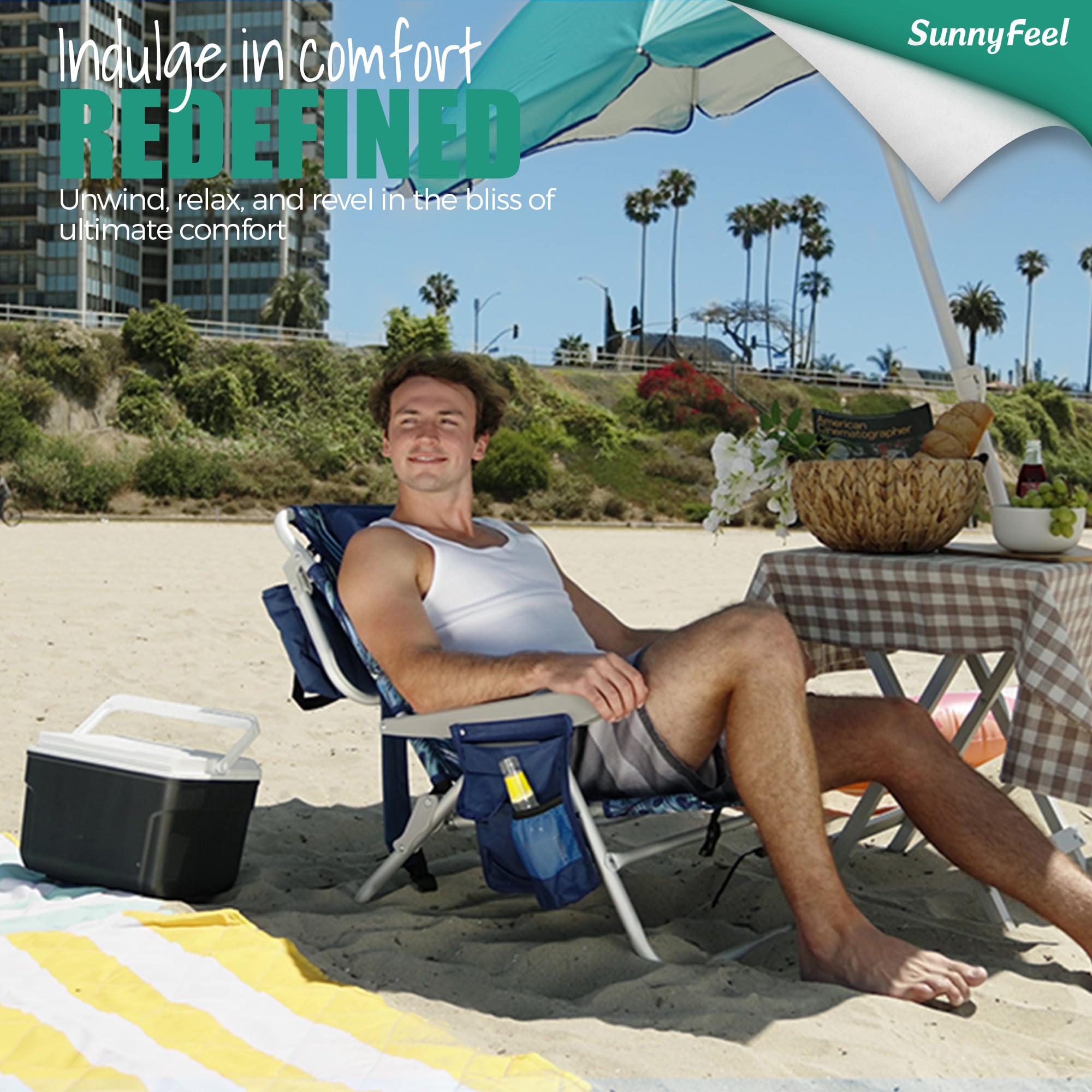 SunnyFeel Low Beach Chair with shoulder strap bag enables hands-free transport.