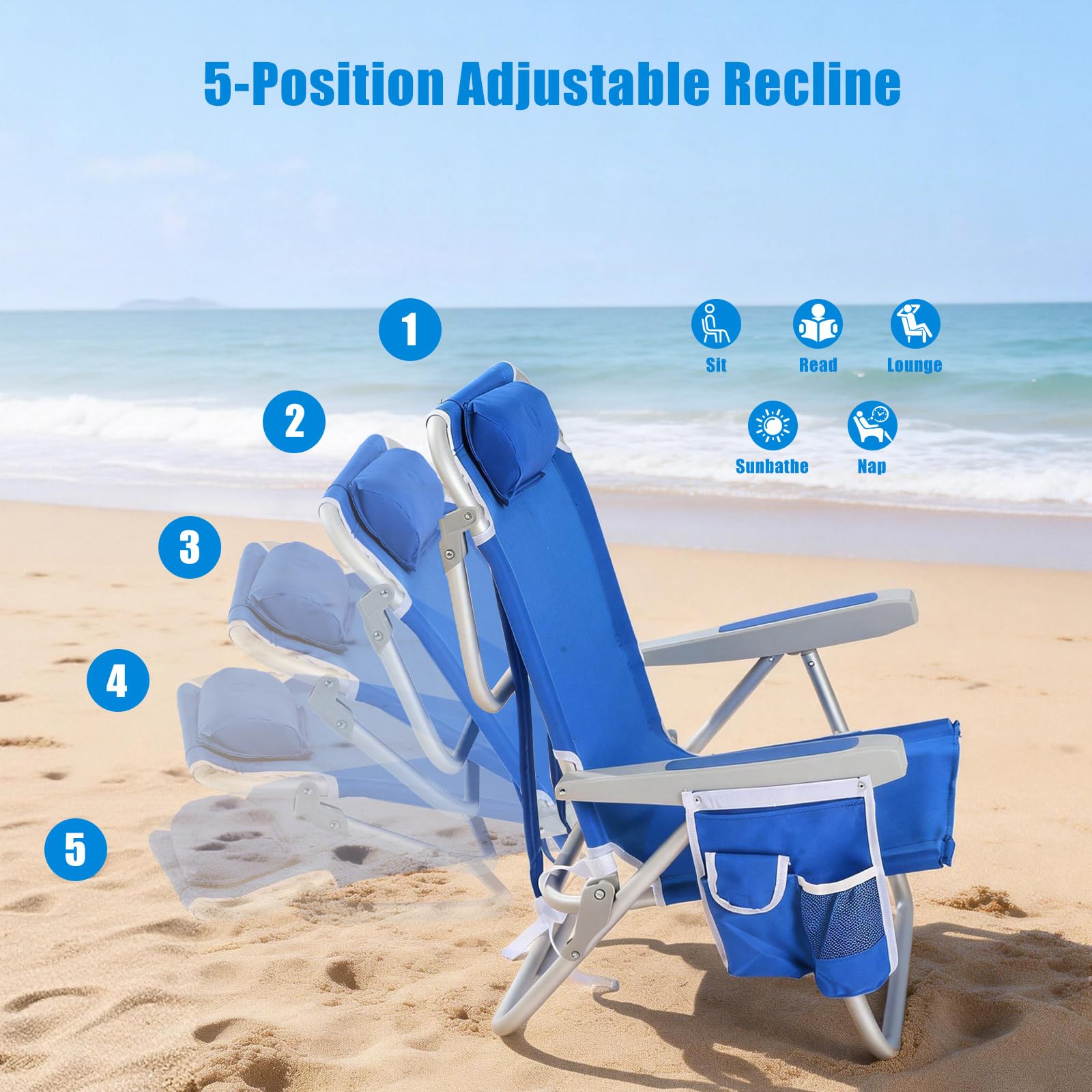 SunnyFeel Low Beach Chair blue with shoulder straps enables quick, convenient carry
