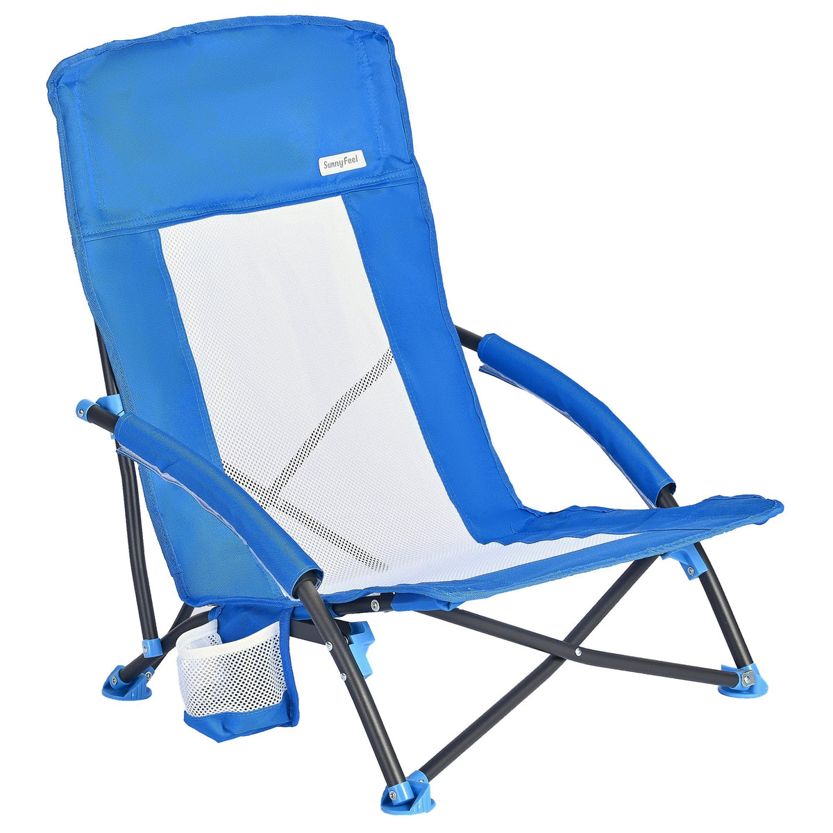 SUNNYFEEL low folding beach chair with side pocket and cupholder keeps drinks and essentials handy.