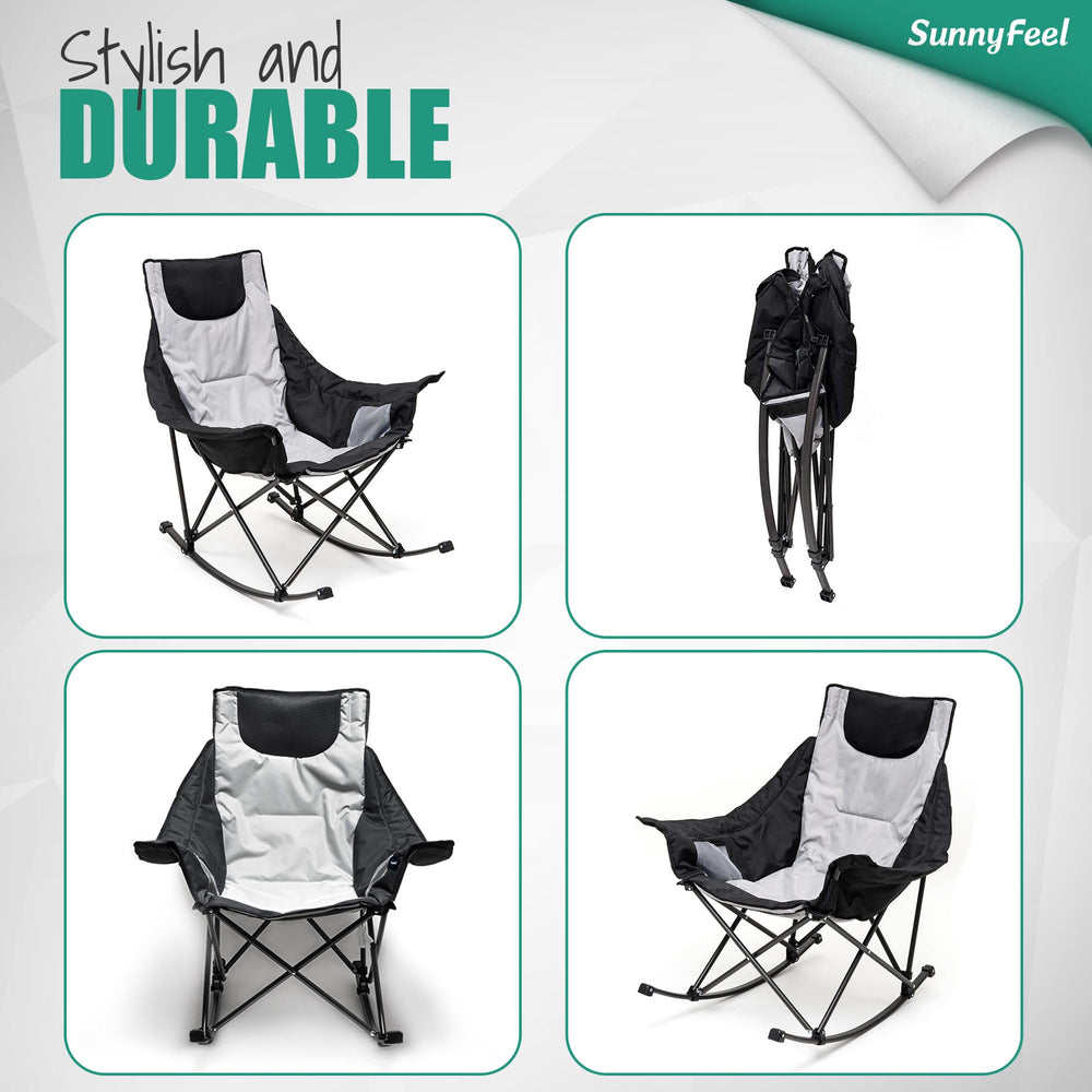 SUNNYFEEL outdoor campsite rocking chair set up at a sunny lakeside or park