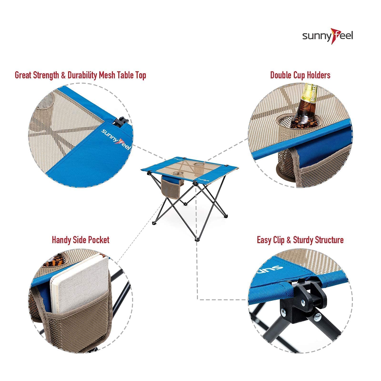 SunnyFeel Folding Table assembly steps illustrate quick setup.