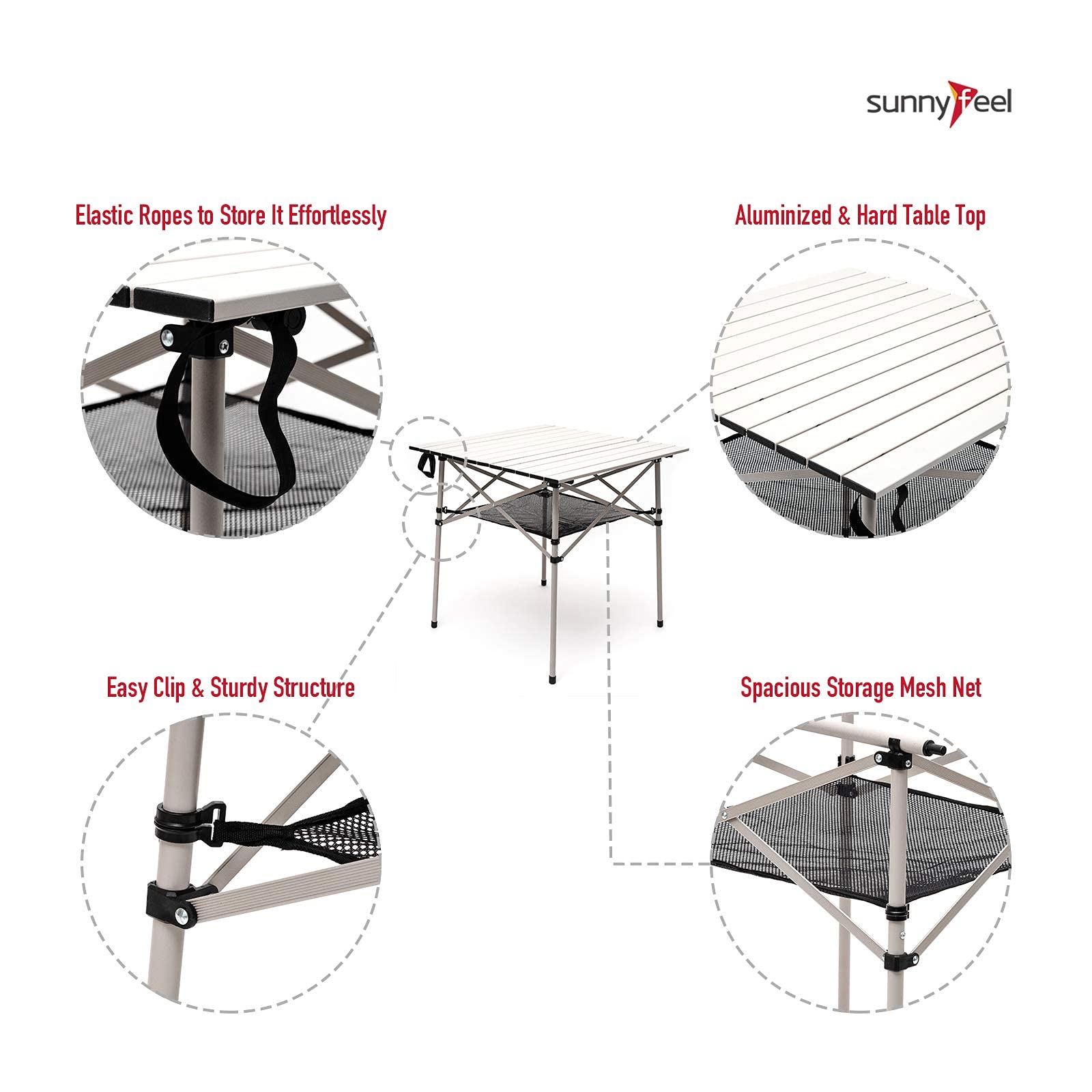 SunnyFeel folding table on a beach setup highlighting portability and quick cleanup