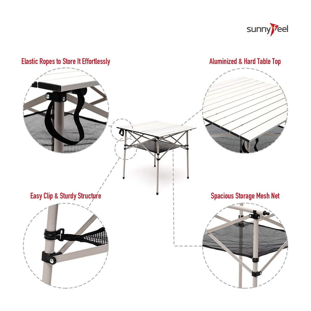 SunnyFeel folding table on a beach setup highlighting portability and quick cleanup