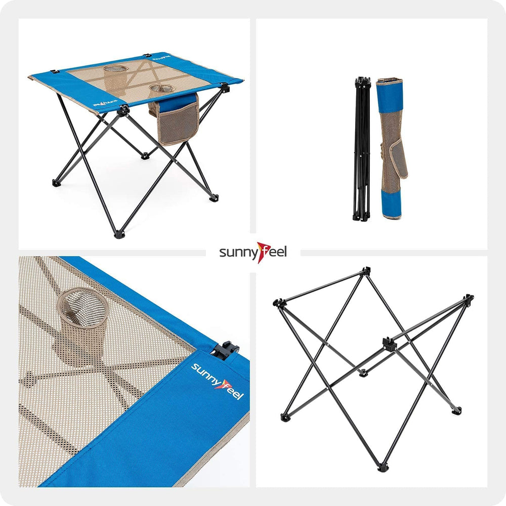 SunnyFeel Outdoor Folding Table on beach scene demonstrates versatile outdoor use.