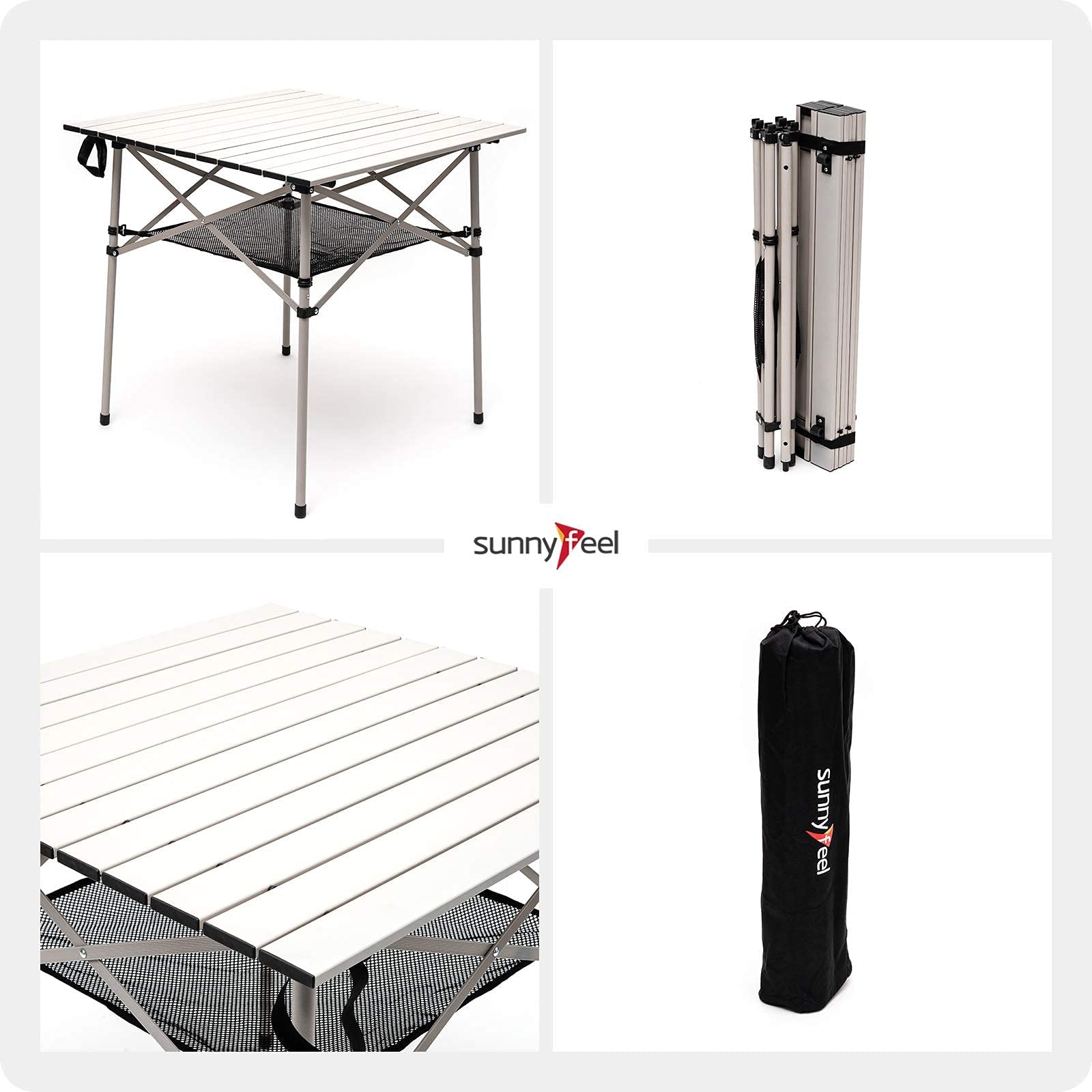 SunnyFeel table being set up quickly with roll-out top and elastic cords
