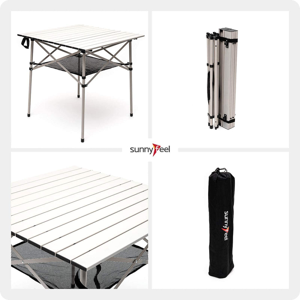 SunnyFeel table being set up quickly with roll-out top and elastic cords