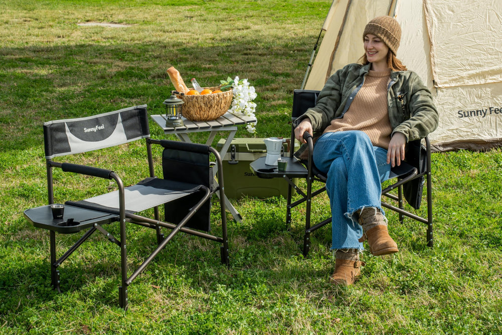 SunnyFeel Directors Chair folded for compact packing and transport