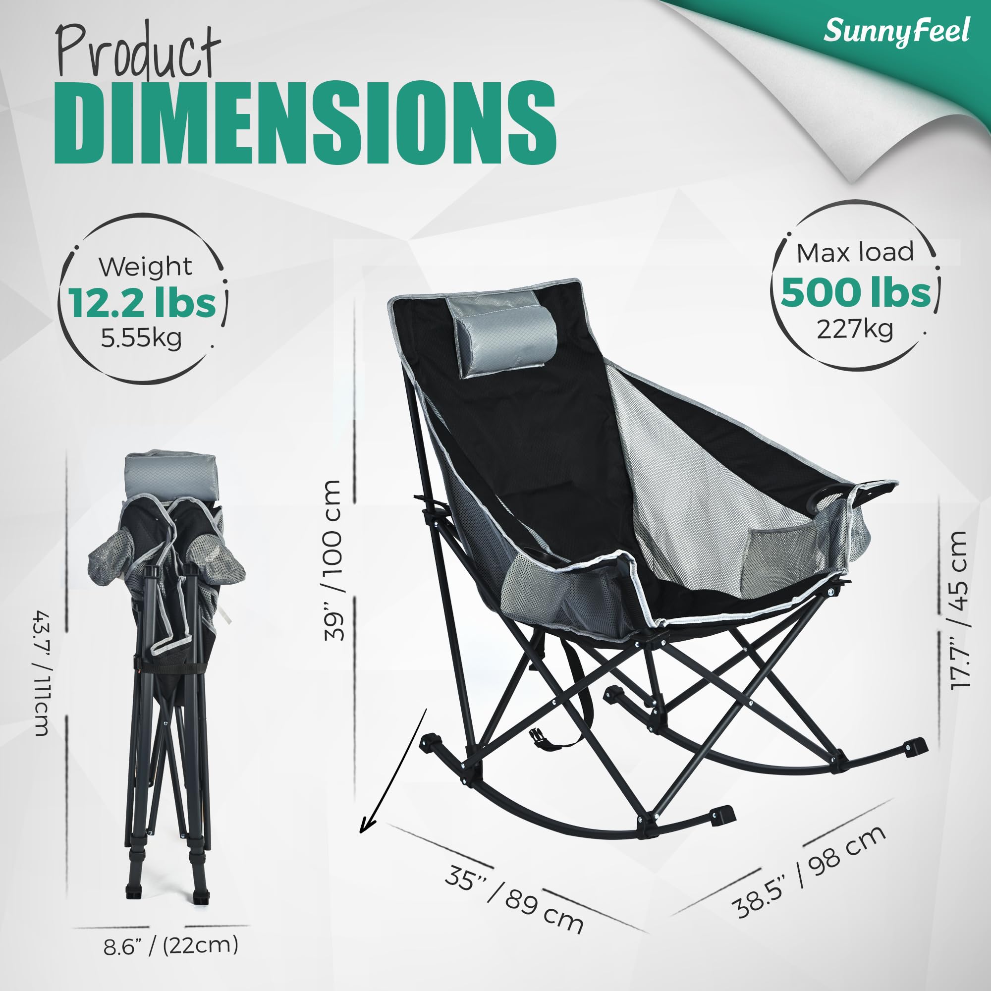 SunnyFeel rocking chair side-pocket keeps sunglasses and phone within reach.