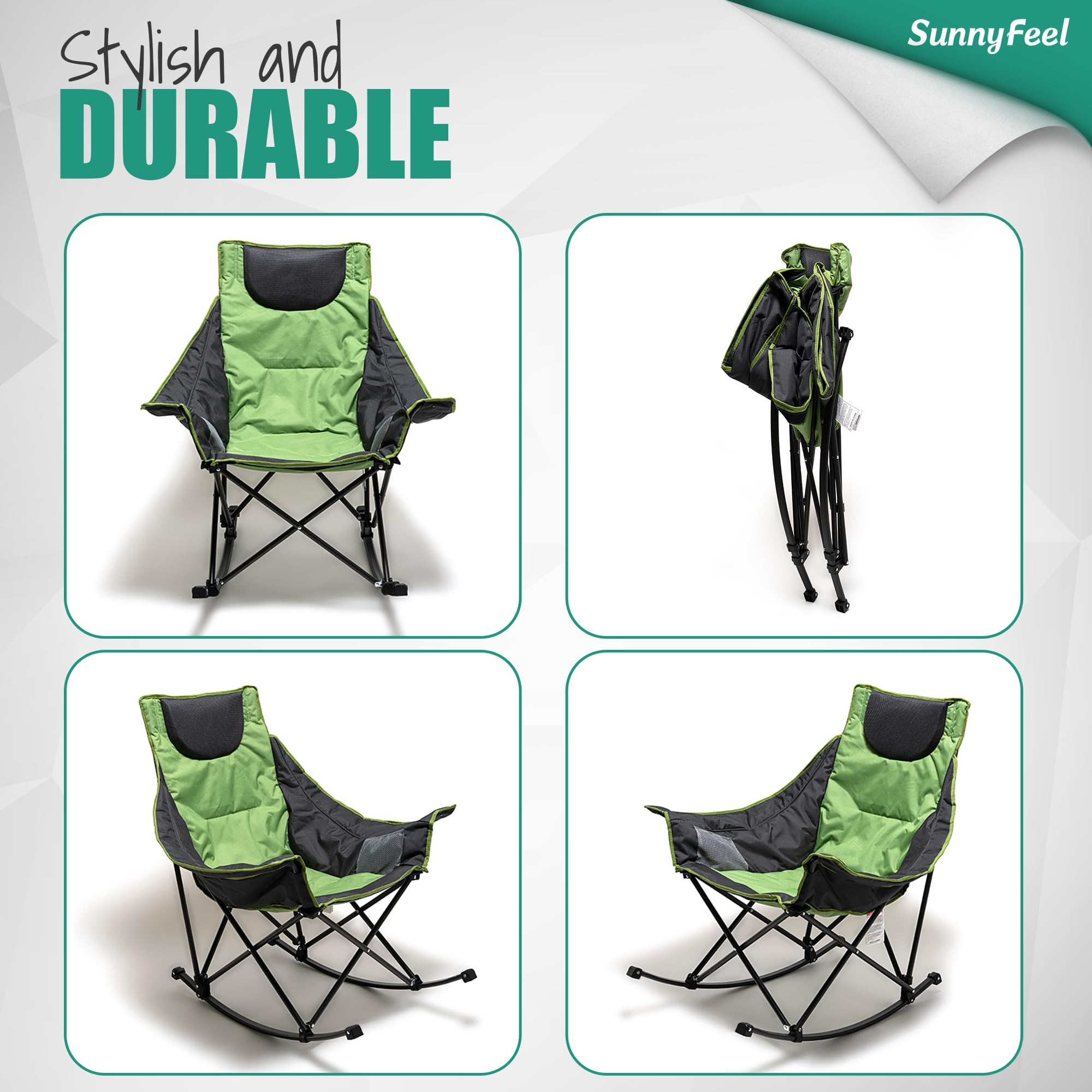 SunnyFeel rocking chair wide legs ensure balanced lounging on grass.