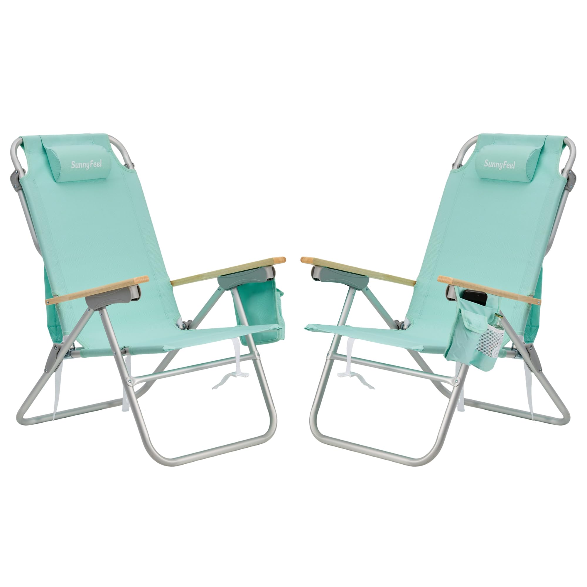SUNNYFEEL tall beach chair green front view shows lightweight frame for easy transport.