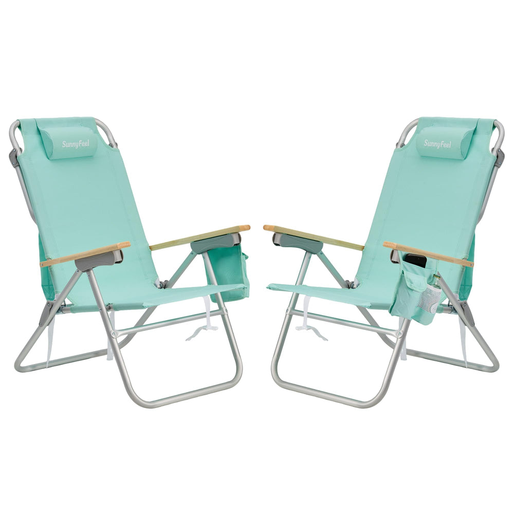 SUNNYFEEL tall beach chair green front view shows lightweight frame for easy transport.