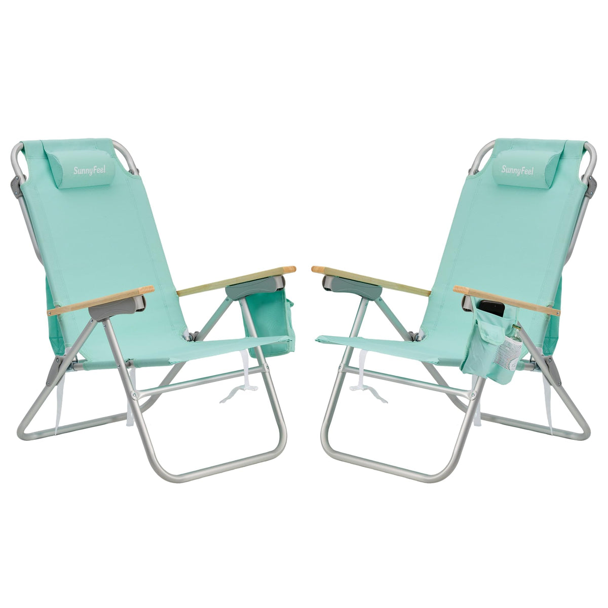 SUNNYFEEL tall beach chair green front view shows lightweight frame for easy transport.