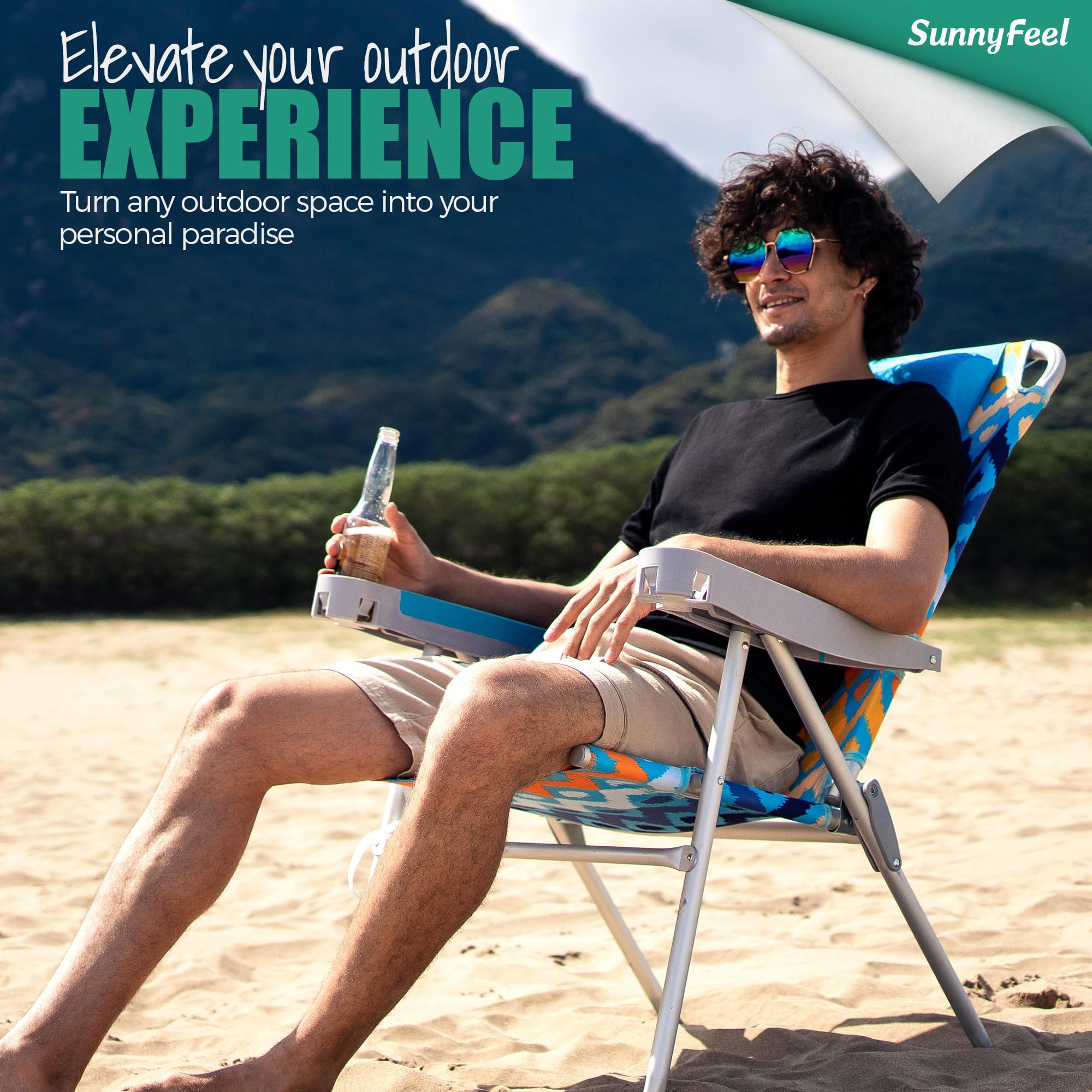 SunnyFeel cup-holder close-up demonstrates built-in holders and bottle opener for hands-free convenience.