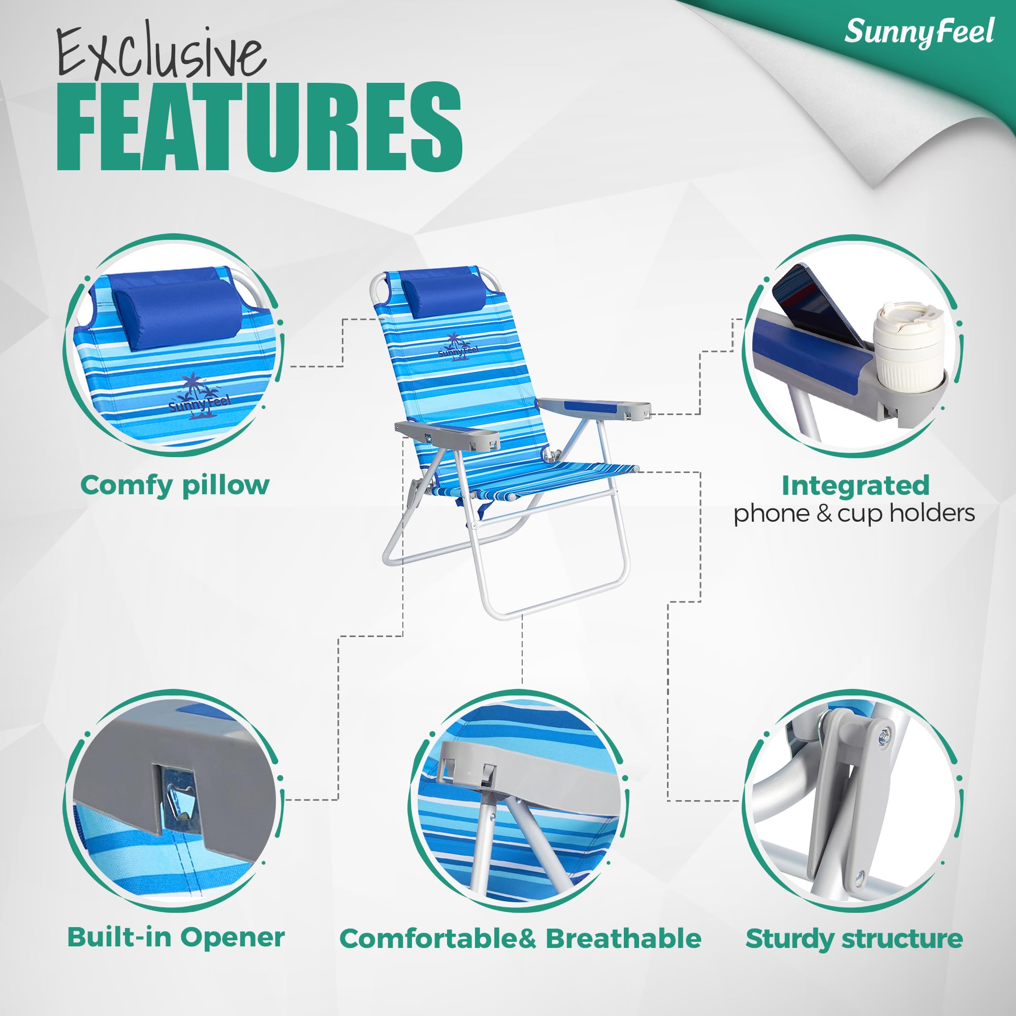 SunnyFeel setup sequence image demonstrates quick folding and unfolding for effortless transport.