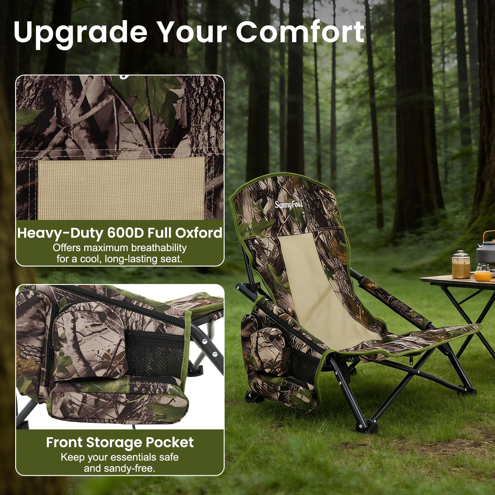 SunnyFeel turkey hunting chair camo design blends in with woods