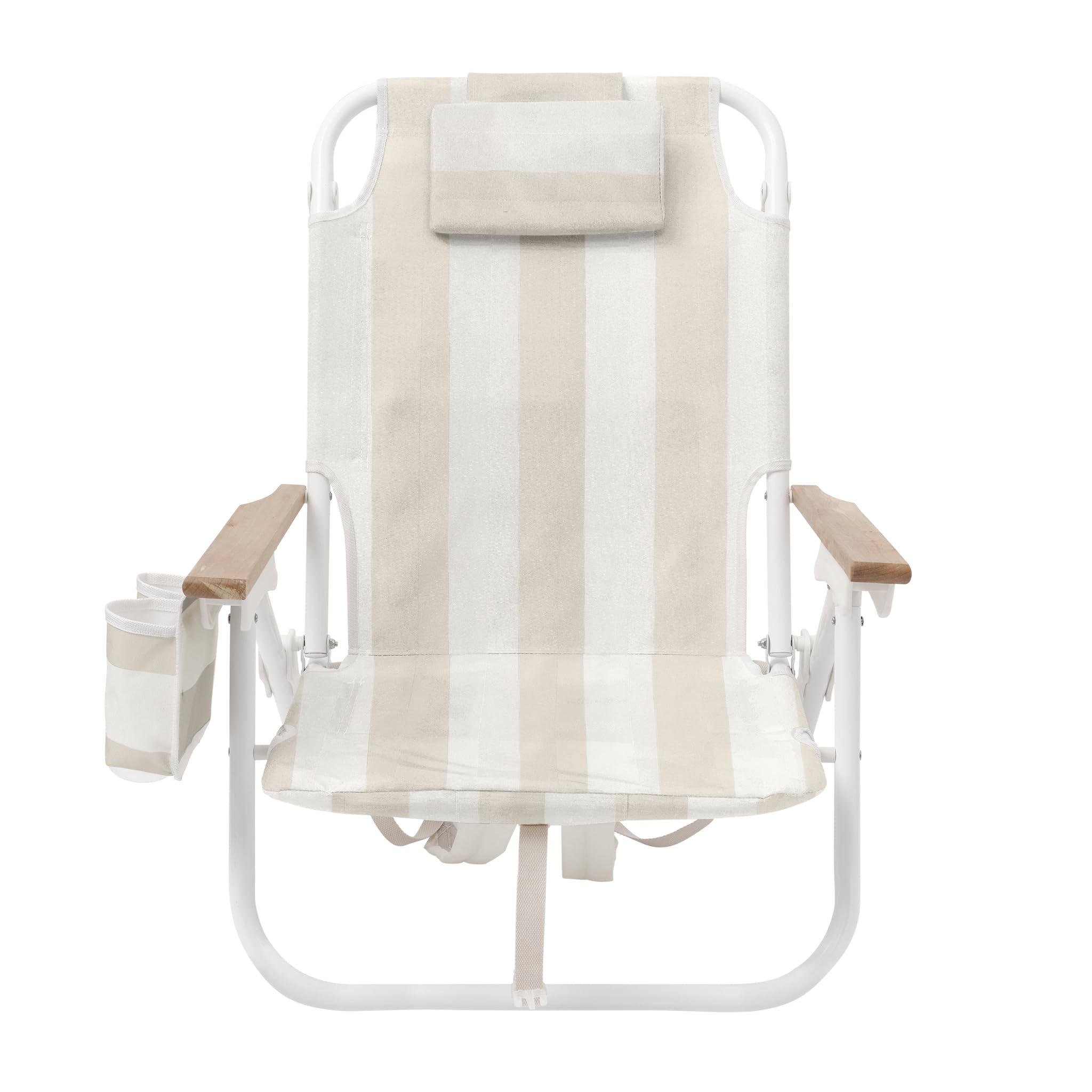 Sunnylife Beach Chair Deluxe Oyster Stripe wooden armrests provide sturdy support