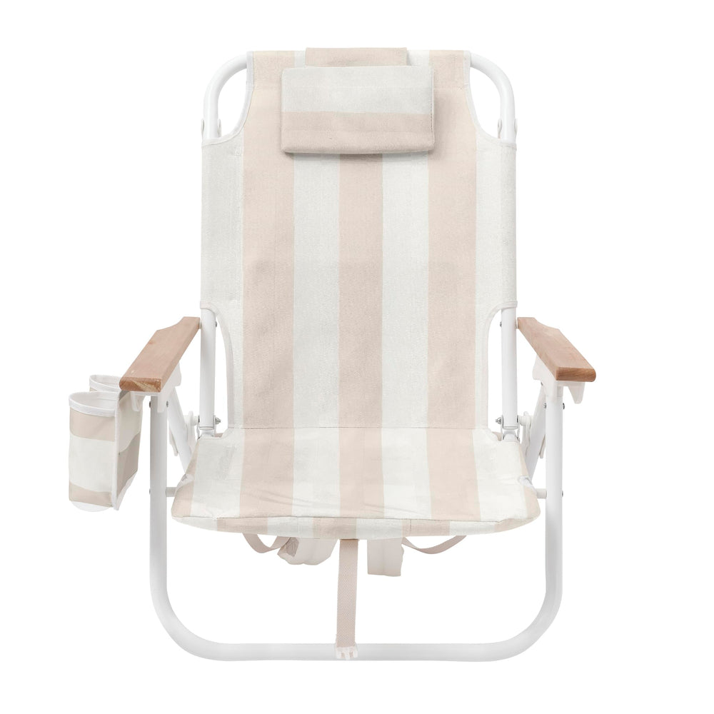 Sunnylife Beach Chair Deluxe Oyster Stripe wooden armrests provide sturdy support