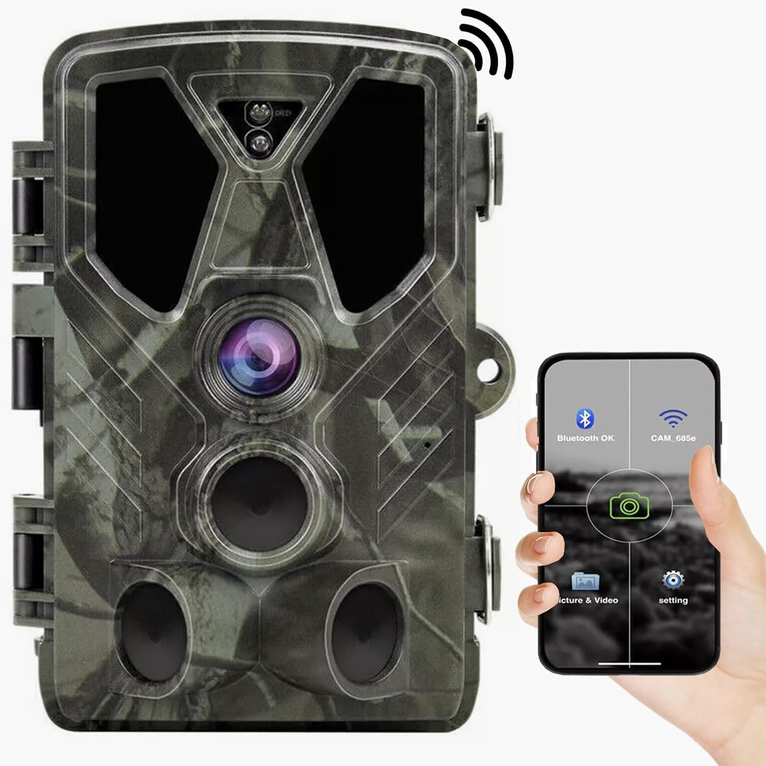 SuntekCam WiFi trail camera on tree captures wildlife with instant photo transfer.