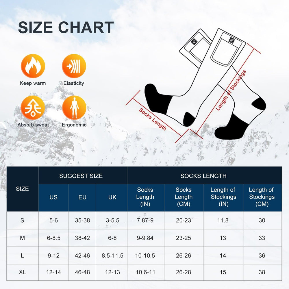 Sun Will heated socks front view showing targeted front foot and instep heating