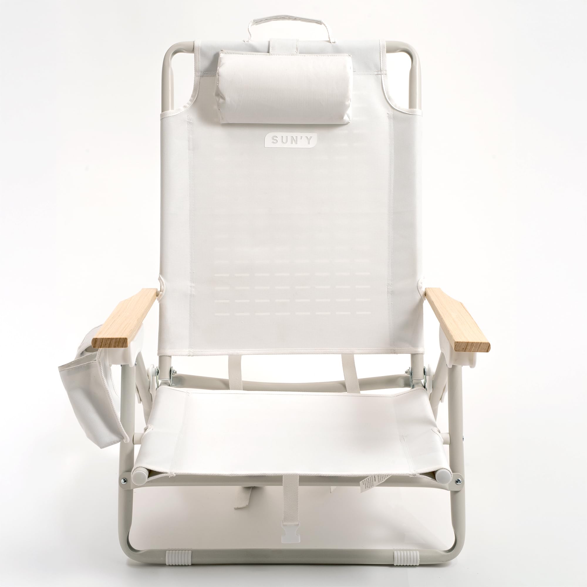 SUN'Y Escapes backpack beach chair assembled for easy transport and comfort.