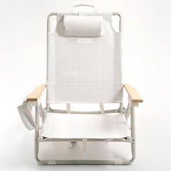 SUN'Y Escapes backpack beach chair assembled for easy transport and comfort.