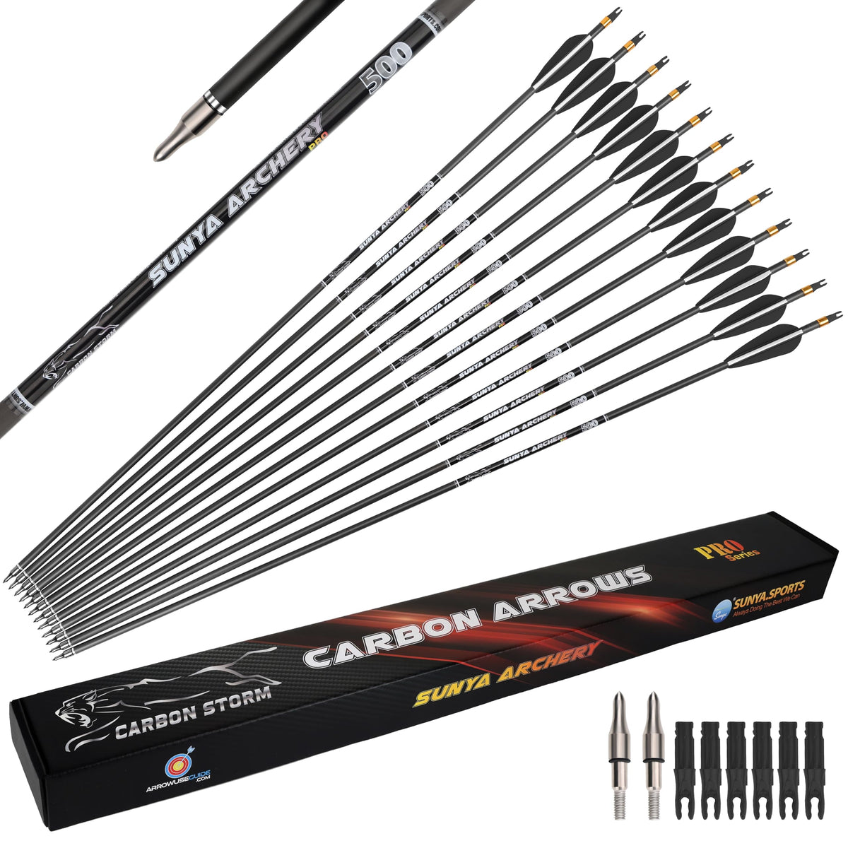 SUNYA arrows 12-pack with 30-inch carbon shafts for compound bows