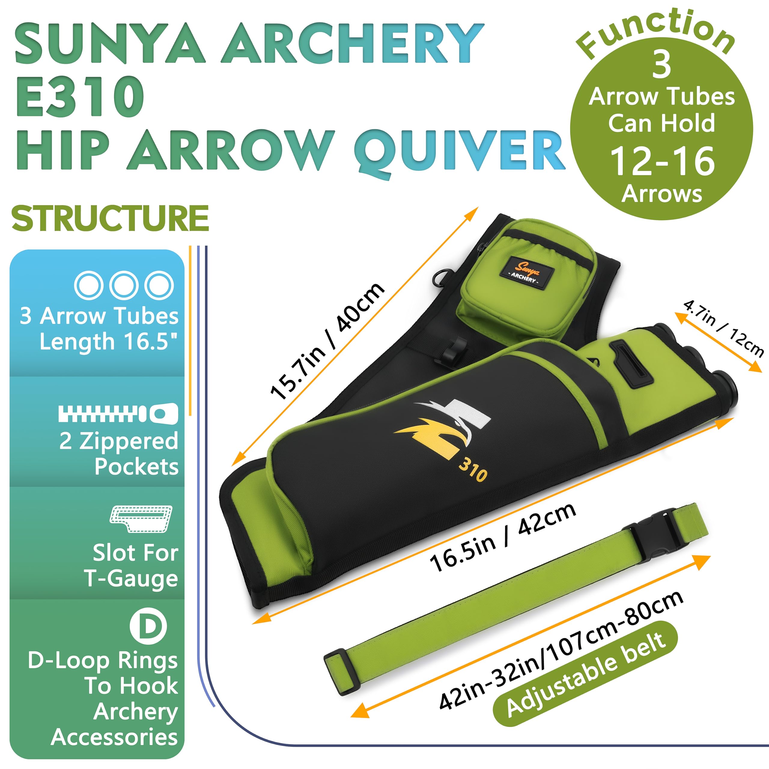 SUNYA hip quiver shows three arrow tubes ready for 12-16 arrows.