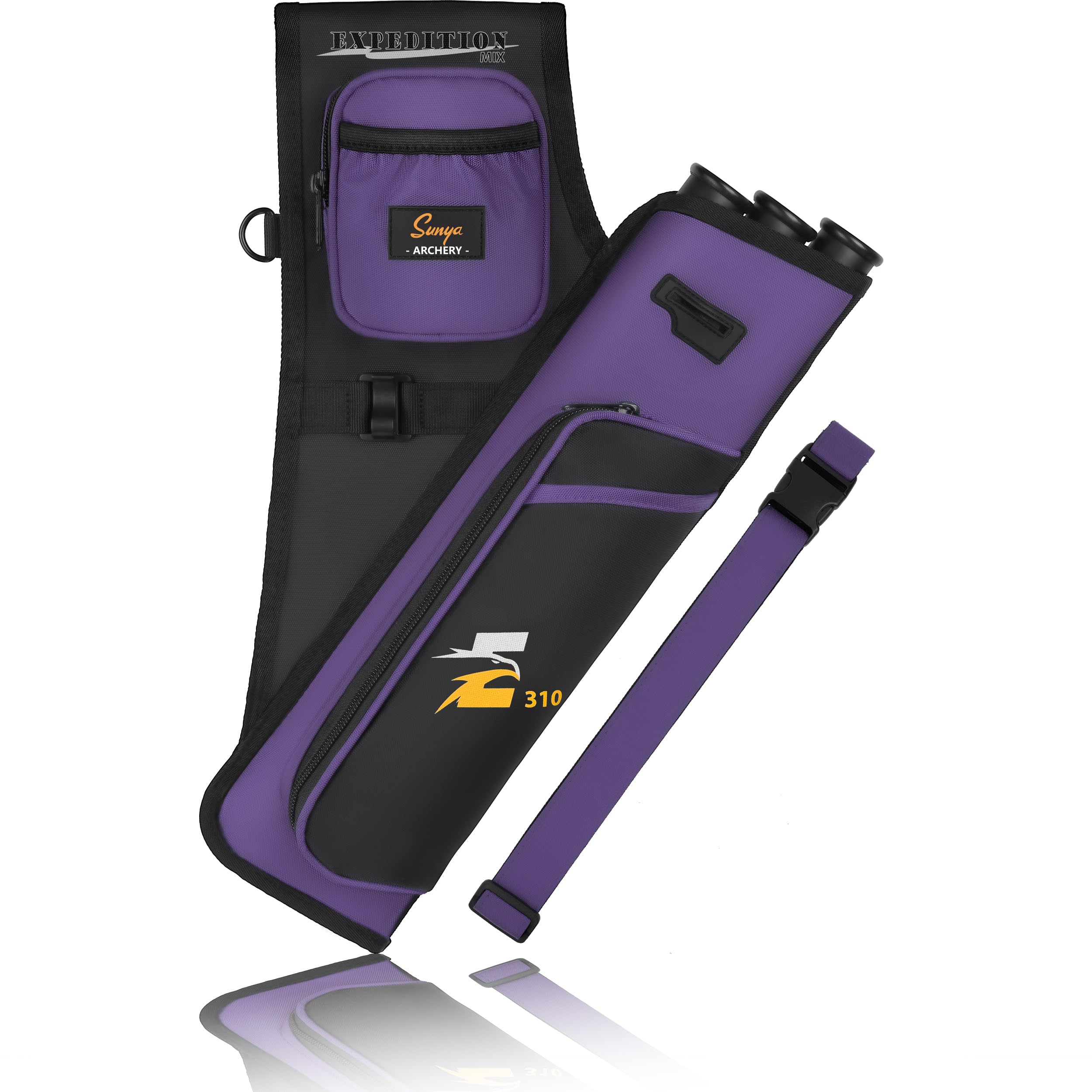 SUNYA Archery hip quiver purple side view with three arrow tubes for quick arrows during practice.