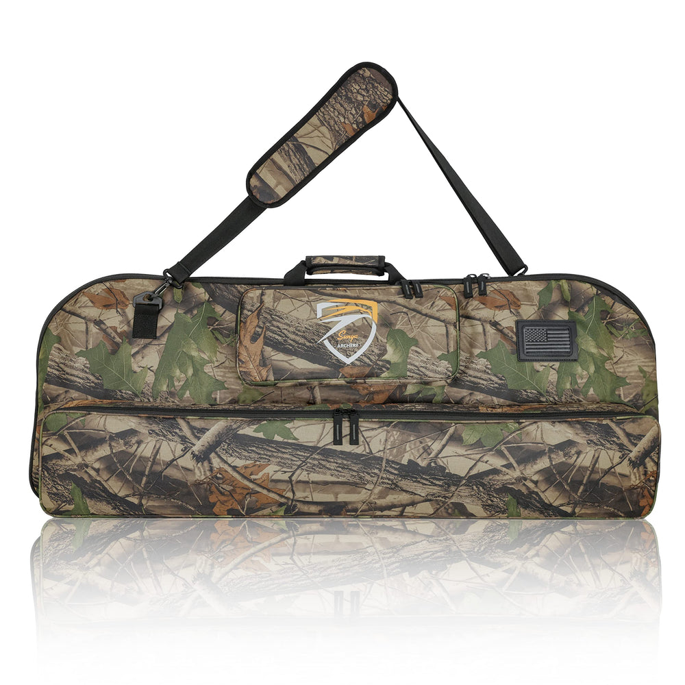 SUNYA compound bow case with MOLLE system in camo for organized gear transport.