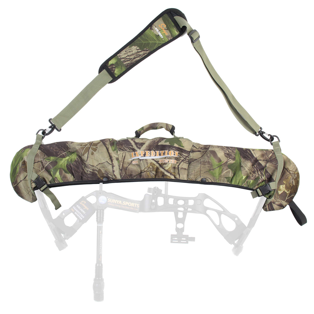 SUNYA neoprene bow sling in camouflage with green strap demonstrates stealthy setup for field use