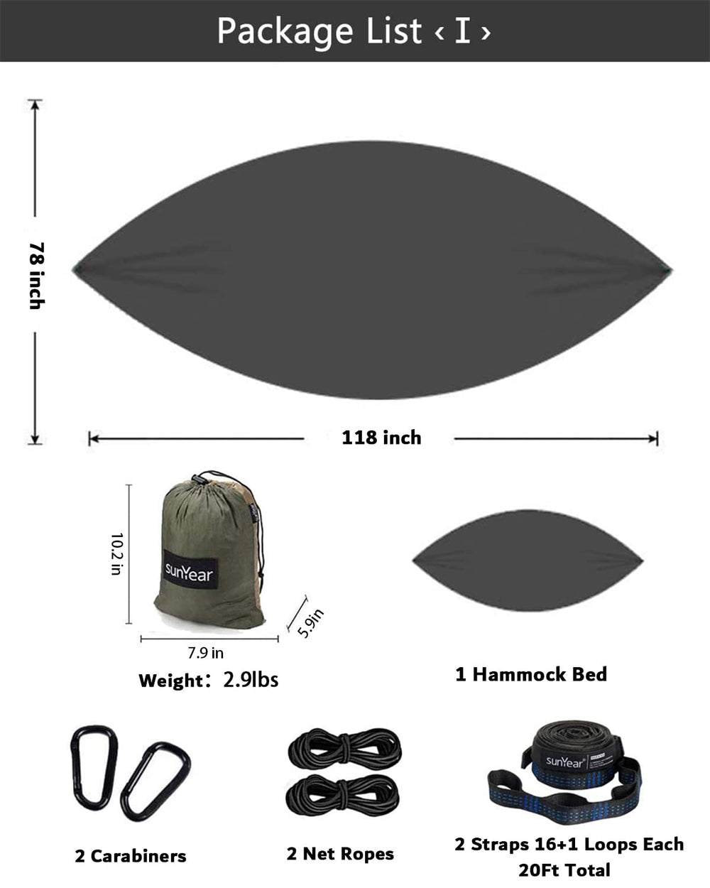 Sunyear-210t-parachute-nylon emphasizes tear-resistant, durable fabric used in hammock and gear.