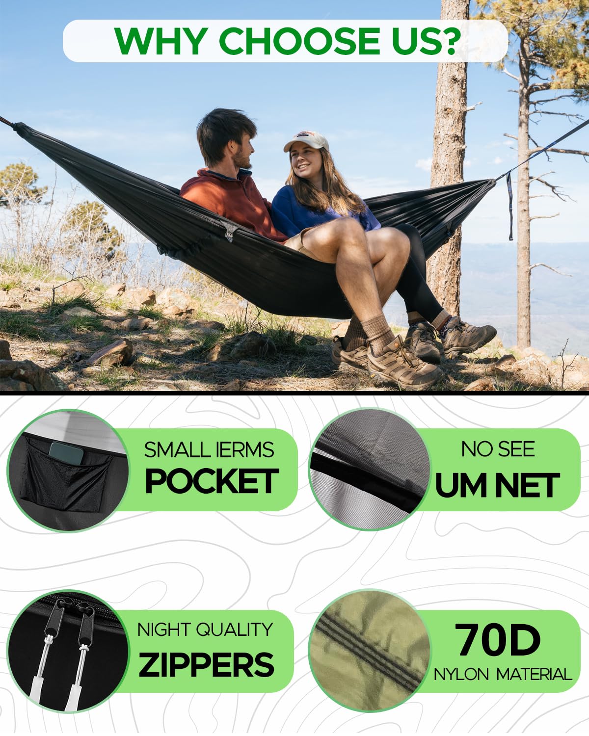 Sunyear camping hammock includes carabiners and tree straps for quick hanging.