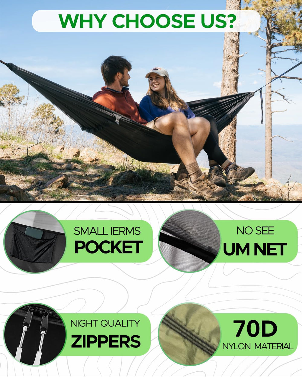Sunyear camping hammock includes carabiners and tree straps for quick hanging.